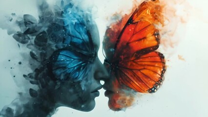 two wings of a butterfly and a woman's face, conveying the essence of love and transformation in the world of psychology