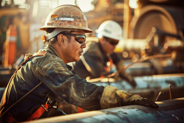 Industrial Workers on Job Site During Sunset