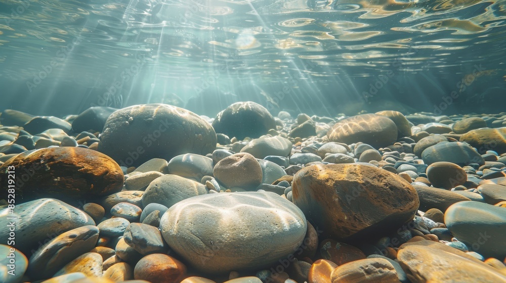 Aufkleber this image shows a close-up view of a riverbed filled with smooth, round rocks. the sun is shining t