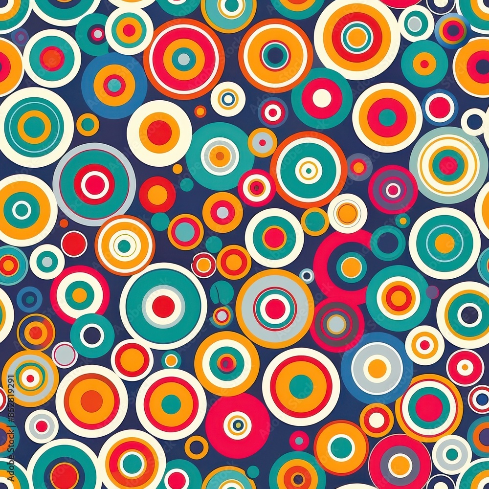 Aufkleber This image is a seamless pattern design featuring colorful circles arranged in various sizes on a dark blue background. The circles are in a variety of colors, including red, orange, yellow, green, bl