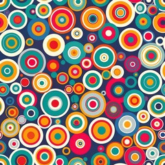 This image is a seamless pattern design featuring colorful circles arranged in various sizes on a dark blue background. The circles are in a variety of colors, including red, orange, yellow, green, bl