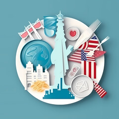 Obraz premium Paper cut style plate design with products from America..