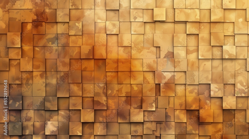 Poster this image shows a textured wall made of many brown and orange squares. the squares are slightly rai