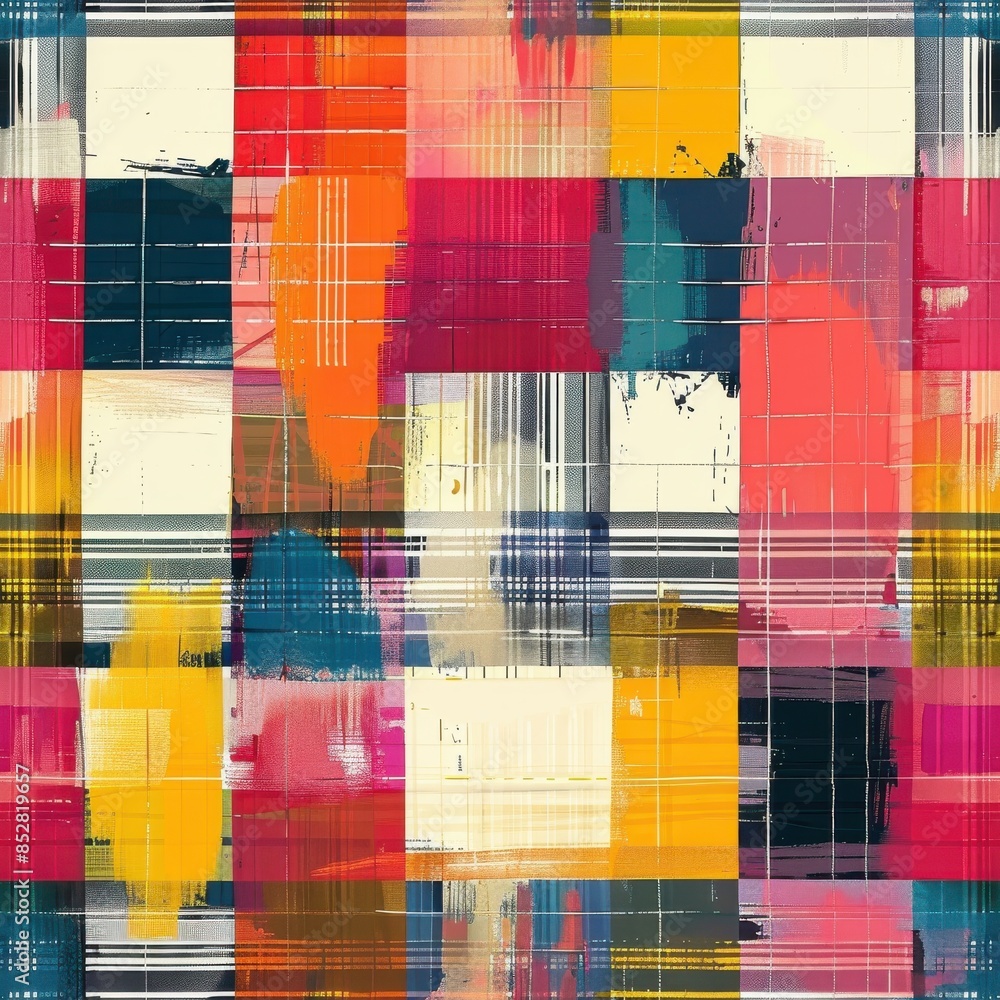 Poster This image is a digital illustration of a colorful abstract geometric plaid pattern. The pattern features alternating squares of red, yellow, orange, and blue colors, creating a visually stimulating a