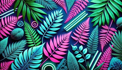 Creative Fluorescent Color Layout Made of Tropical Leaves - Generative AI
