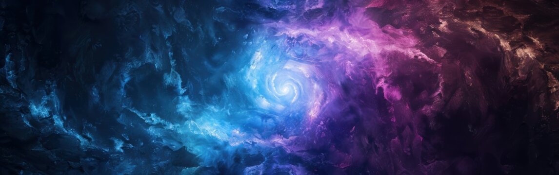 A digital artwork featuring a swirling, cosmic spiral amidst blue and purple clouds. The vibrant colors and dynamic composition create a visually captivating and abstract representation of the univers