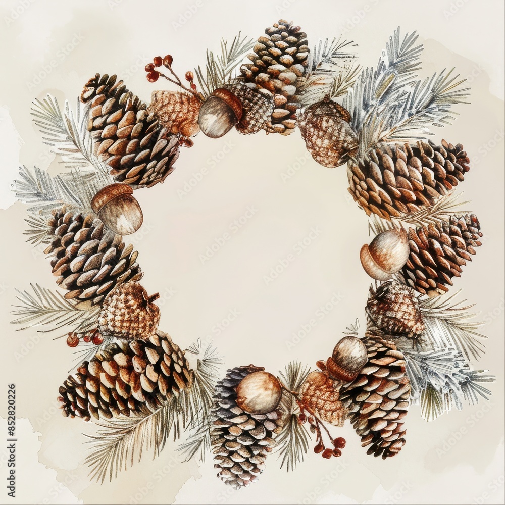 Poster this image is a watercolor painting of a wreath made from pine cones and acorns. the wreath is circu