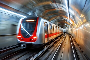 Urban metro energy  dynamic subway train speeding through tunnel with motion blur