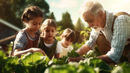 Obraz premium An elderly man teaches three young children how to garden. They are all focused on a row of green leafy plants under sunlight.