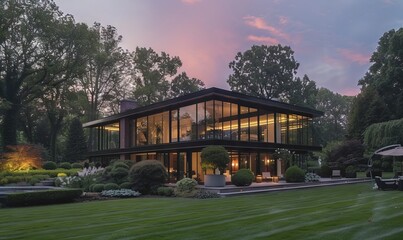 Sleek glass house with panoramic views.