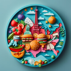 Paper cut style plate design with products from America..