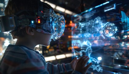 Step into the future: a child explores augmented reality, blending reality seamlessly with digital