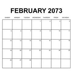 february 2073. monthly calendar design. week starts on sunday. printable, simple, and clean vector design isolated on white background.