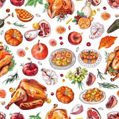 This image is a watercolor illustration of various Thanksgiving feast foods. The image features roasted turkey, pumpkins, apples, pomegranates, grapes, and other traditional Thanksgiving dishes. The f