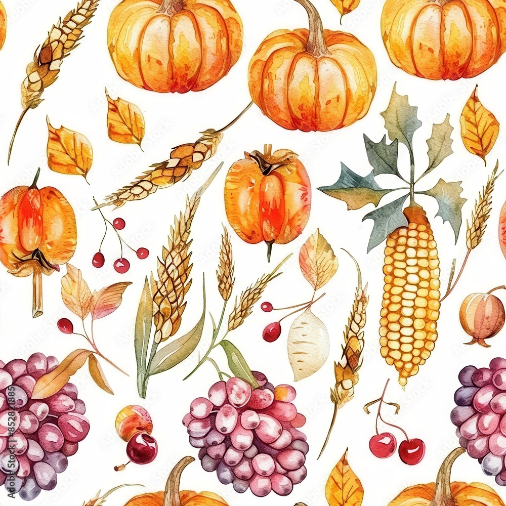 Aufkleber This image is a watercolor pattern featuring various autumn harvest elements. The pattern includes pumpkins, corn, grapes, wheat, leaves, and berries, all painted in a realistic style. The bright colo