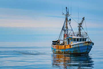Fototapeta premium Serene maritime theme with a small ship. Small fishing boat sailing in an open sea. Leisure activity, sport and recreation, food industry.