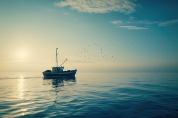 Obraz premium Serene maritime theme with a small ship. Small fishing boat sailing in an open sea. Leisure activity, sport and recreation, food industry.