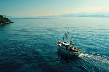 Fototapeta premium Serene maritime theme with a small ship. Small fishing boat sailing in an open sea. Leisure activity, sport and recreation, food industry.