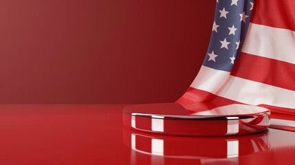 Detailed and 3D podium with the American flag motif against a vibrant red background,providing a clean and bold setting for patriotic displays,product showcases,or award ceremonies.