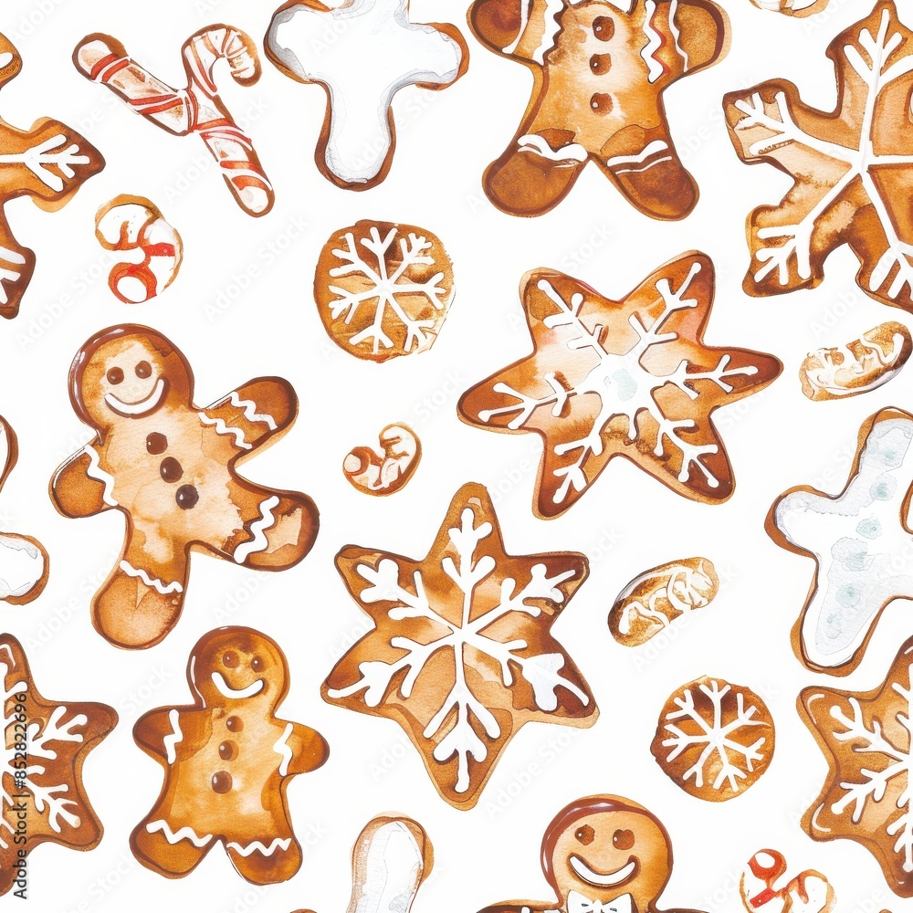 Poster This image features a watercolor pattern of gingerbread cookies and snowflakes. The pattern is made up of various shapes, including gingerbread men, stars, snowflakes, and candy canes, all painted in 