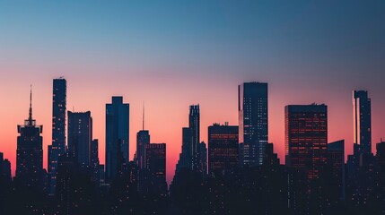 Fototapeta premium A city skyline at dusk, with the silhouettes of skyscrapers outlined against a gradient sky transitioning