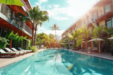Fototapeta premium Luxury tropical resort hotel with view to the swimming pool, bright summer colors
