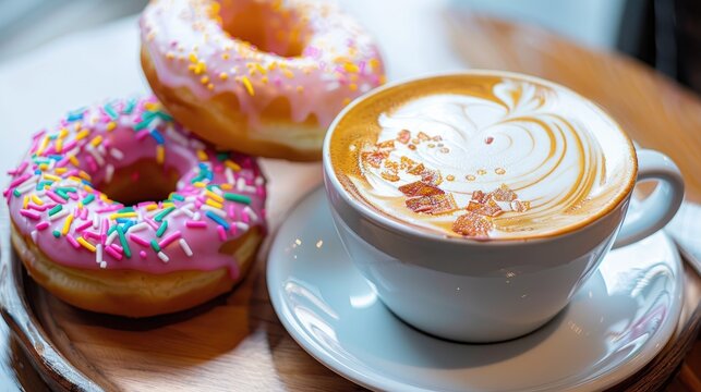 Indulge in a delightful latte adorned with creative art and paired with scrumptious donuts to kickstart your day with a burst of energy and excitement