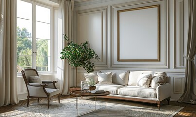 Traditional living room with a blank family tree frame.