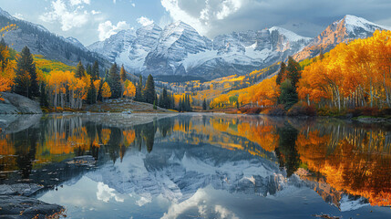Obraz premium Serene lake with reflections of mountains and trees
