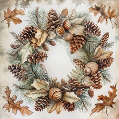 Fototapeta premium A watercolor illustration of a wreath made from pine cones, acorns, and leaves. The wreath is circular and is depicted against a white background. The artwork is detailed and realistic, capturing the 
