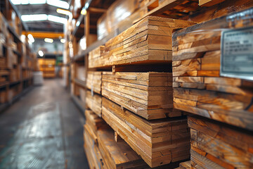 Fototapeta premium Stacks of plywood sheets for sale in a hardware store warehouse.