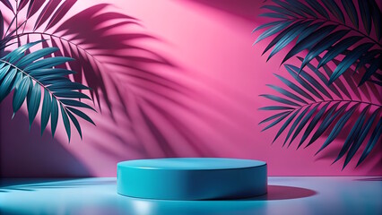 Obraz premium Empty Podium with sun light shadows in form of palm leaf, stage, studio, pedestal, showcase, 3d product platform, mock-up visualization, minimal abstract background