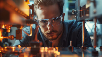 Engineer focusing on a machine in a high-tech laboratory