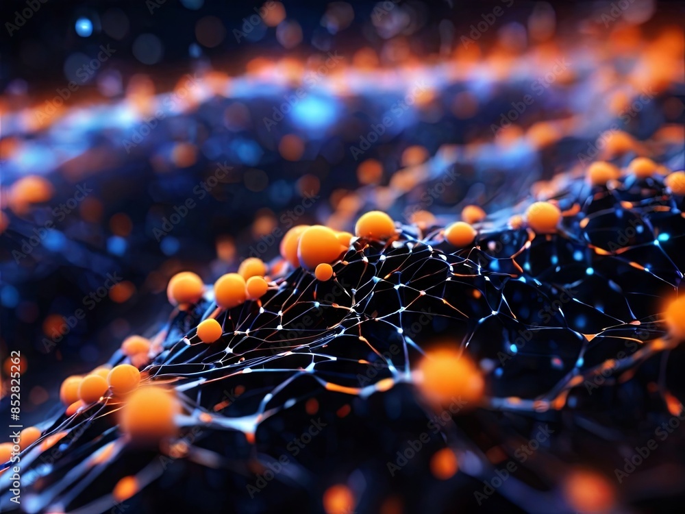 Poster a close-up view of orange spheres connected by a black web in a digital space, creating an abstract,