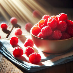 raspberries in a ceramic plate on the table in the rays of sunlight.