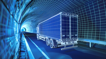 Fototapeta premium Blue wireframe Trailer Truck rides through Blue tunnel 3d rendering