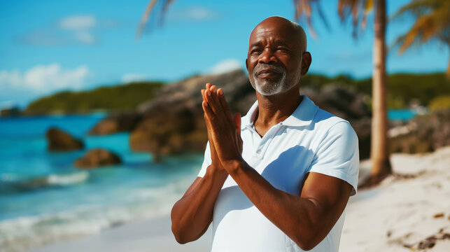 Elderly man in a white polo shirt enjoying a sunny day on a tropical beach with palm trees and clear blue water.
