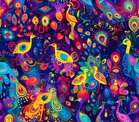 Fototapeta premium Vibrant Diwali Lantern Peacocks Illuminating Lively Street Festival with Dancers and Musicians