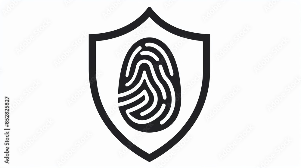 Poster illustration of a fingerprint on a shield symbolizing cyber security, data protection, and identity 