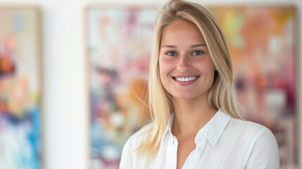 Portrait of a young blonde woman in an art gallery, museum worker, art director.