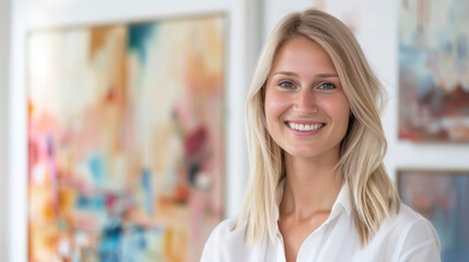 Portrait of a young blonde woman in an art gallery, museum worker, art director.