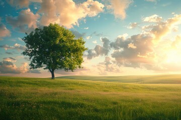 Fototapeta premium Tranquil panoramic rural landscape scenery in an early summer morning after sunrise, with a lonely tree on green meadow and colorful clouds in the gold and blue sky