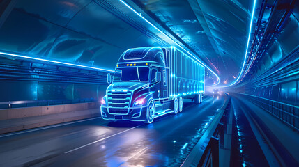 Blue wireframe Trailer Truck rides through Blue tunnel 3d rendering