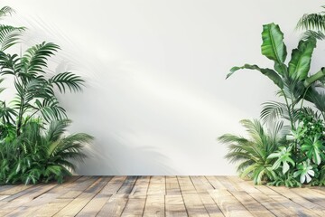 Fototapeta premium Tropical plants with lush leaves on wooden floor near white wall. Space for text.