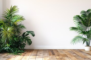 Fototapeta premium Tropical plants with lush leaves on wooden floor near white wall. Space for text.