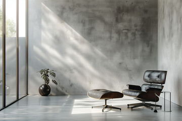 A spacious minimalist living room featuring clean architectural lines, soft gray tones, diffused daylight, and polished concrete elements, creating a serene and clutter-free ambiance with intricate de