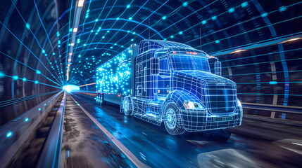 Fototapeta premium Blue wireframe Trailer Truck rides through Blue tunnel 3d rendering