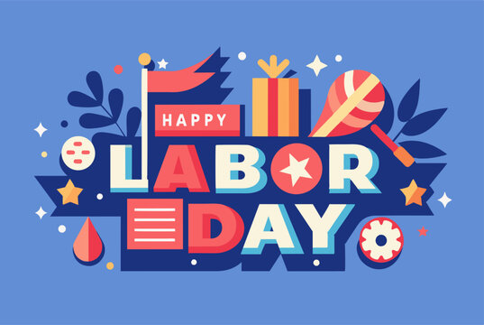 A labor day greeting card features a joyful design with a blue background