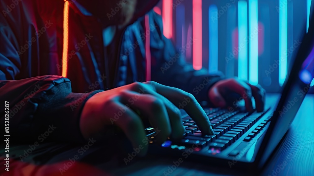 Canvas Prints hacker coding typing on laptop keyboard in room lit by neon lights ethical hacking data security concept