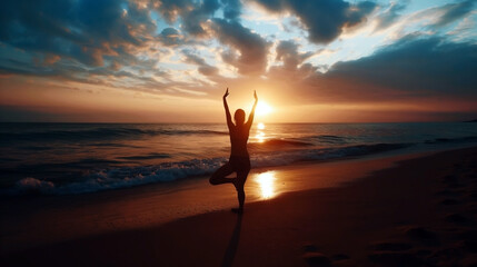 Fototapeta premium Silhouette of a woman practicing yoga on the beach at sunset, with calm waves and a colorful sky.